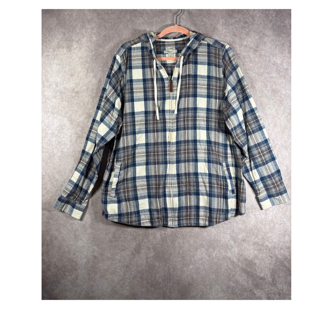 LL Bean Hooded Shirt Womens 1X Blue Relaxed Fit Plaid Cotton Full Zip Flannel